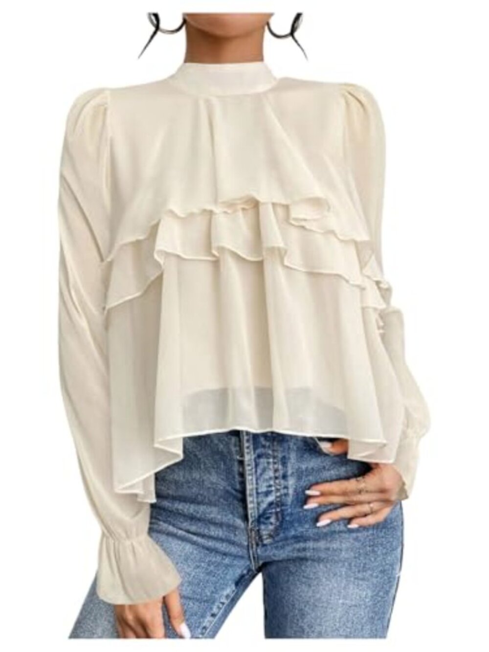 Verdusa Women's Dressy Casual Ruffle Layered Blouse Puff Sleeve Chiffon Elegant